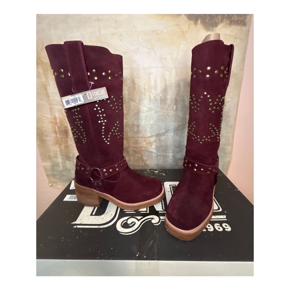 Dingo Troubadour Women's Burgundy Suede Studded Tall Western Boot Round Toe 9.5M - Picture 2 of 16
